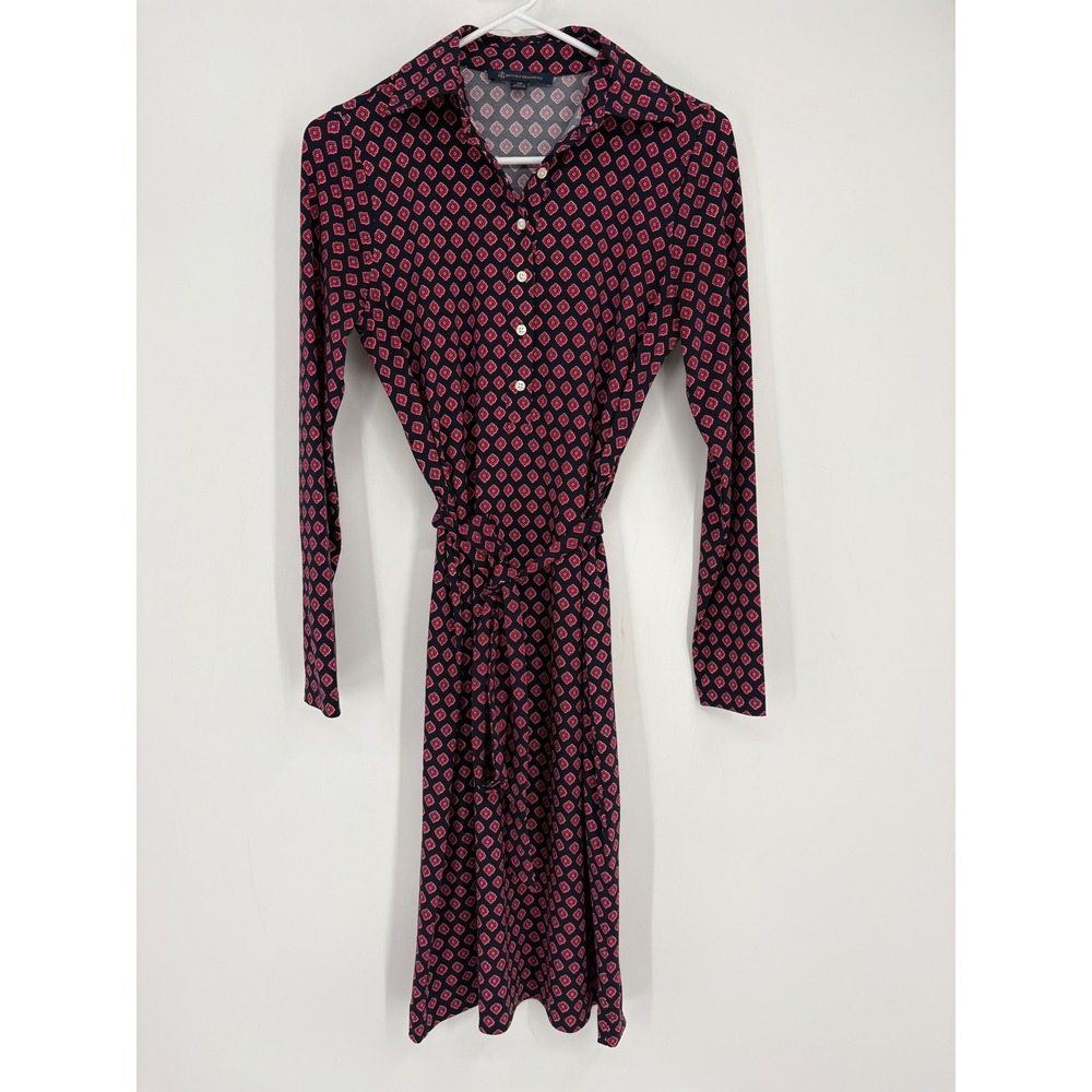 Brooks Brothers Dress Womens XS Navy Red Geometric Long Sleeve Belted Jersey